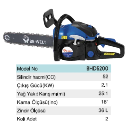 BHD 5200 BENZİNLİ AĞAÇ KESME MOTORU 52CC